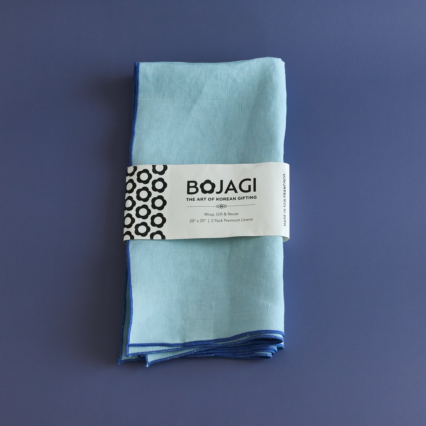 Sustainable Cerulean Blue Bojagi Linen Gift Wrap with Embroidery – Set of 2