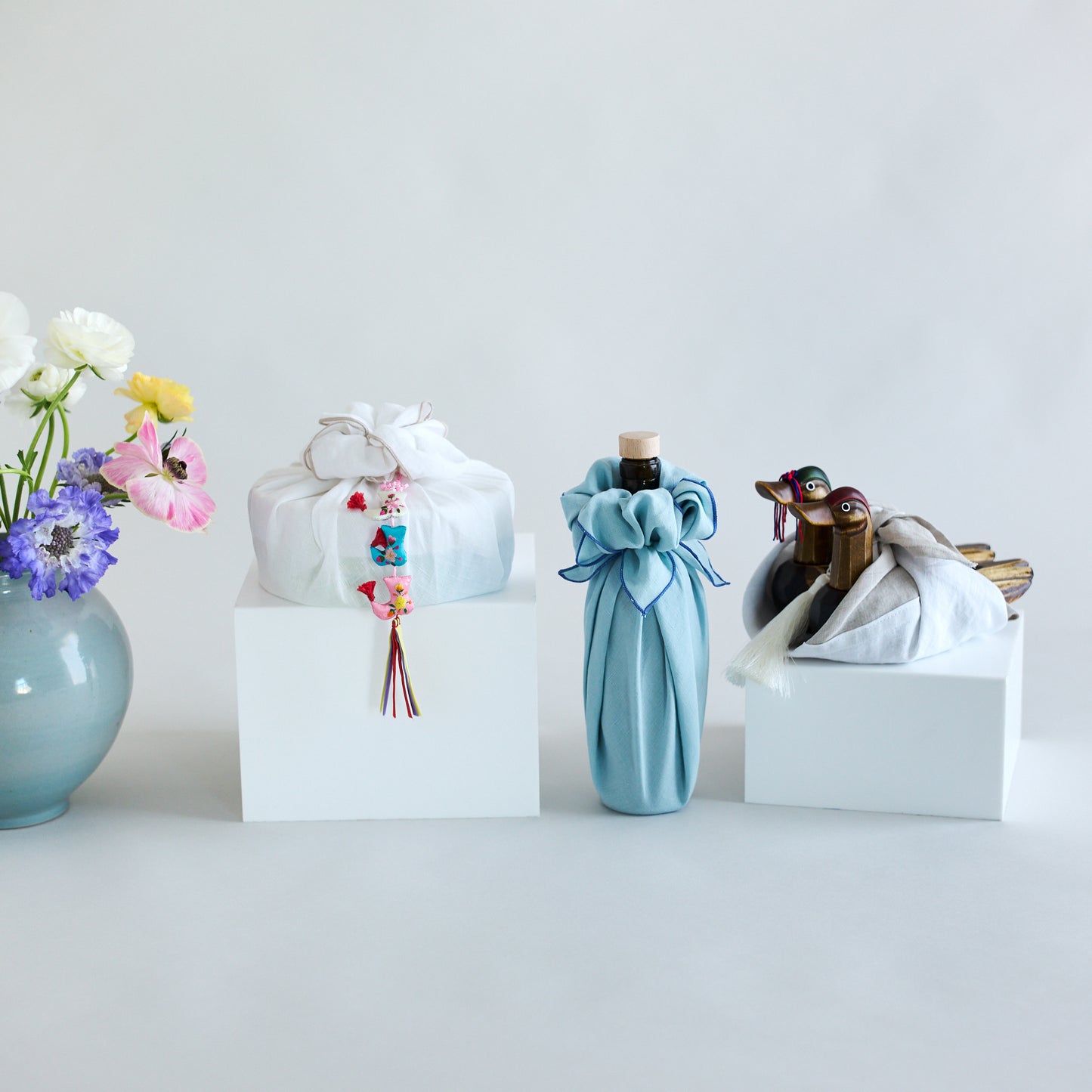 Korean Hand-Carved Wooden Wedding Duck Set Wrapped in Linen Bojagi