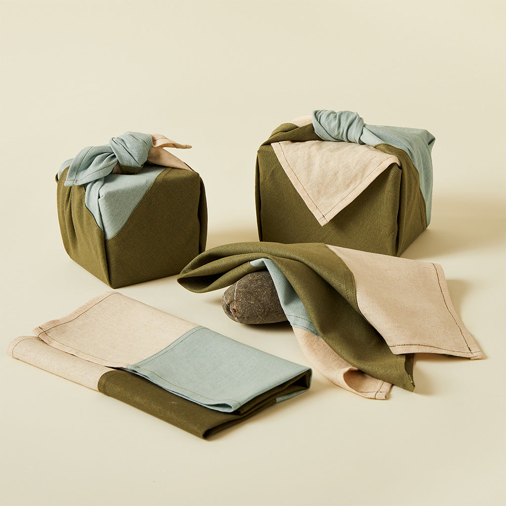 Ocean Patchwork BOJAGI Linen Gift Wrap - Medium. Set of 2