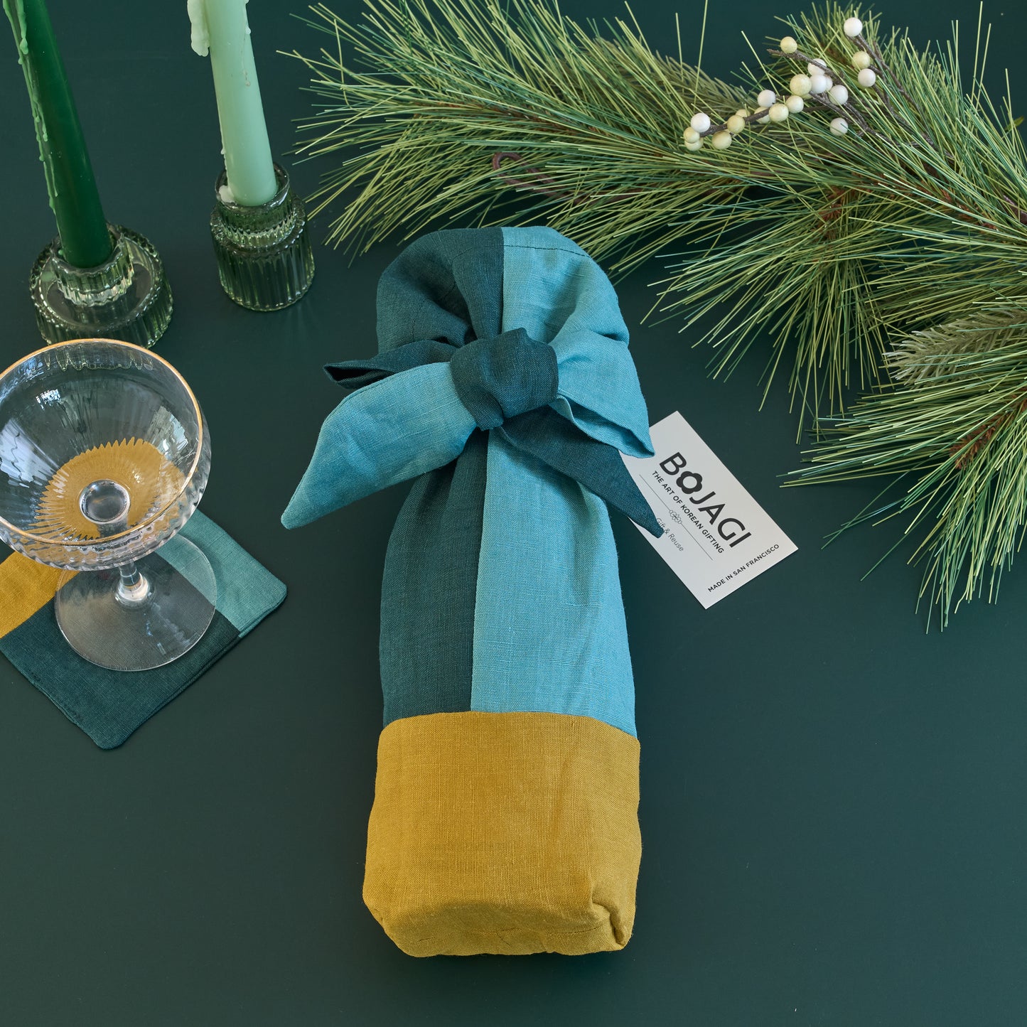Evergreen. Premium Reusable Wine Gift Linen Bag
