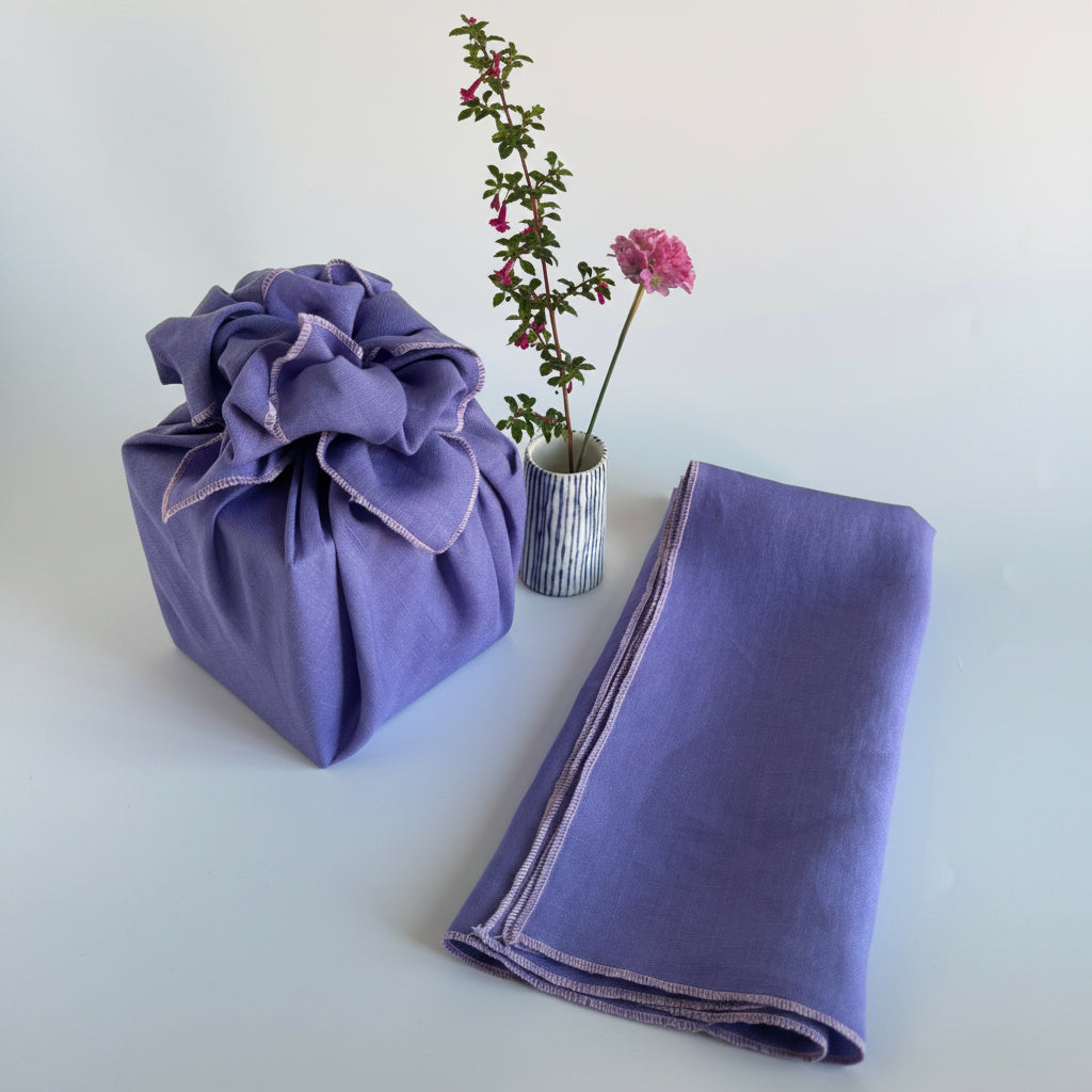 Amethyst Purple Solid Linen Bojagi Wrap with Embroidery Edge