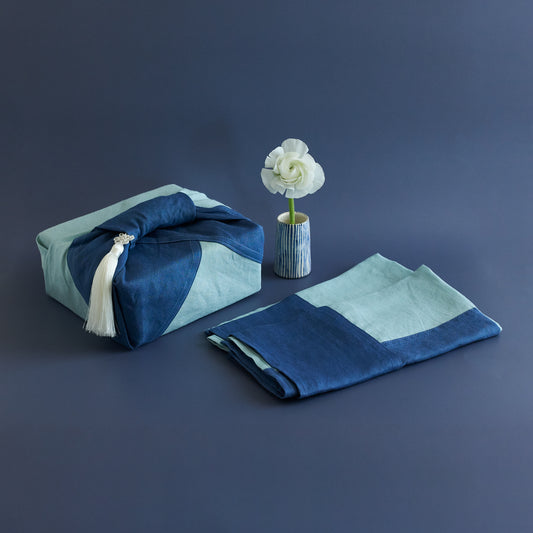 Sustainable Patchwork Bojagi Linen Gift Wrap. Mint/Blue – Set of 2