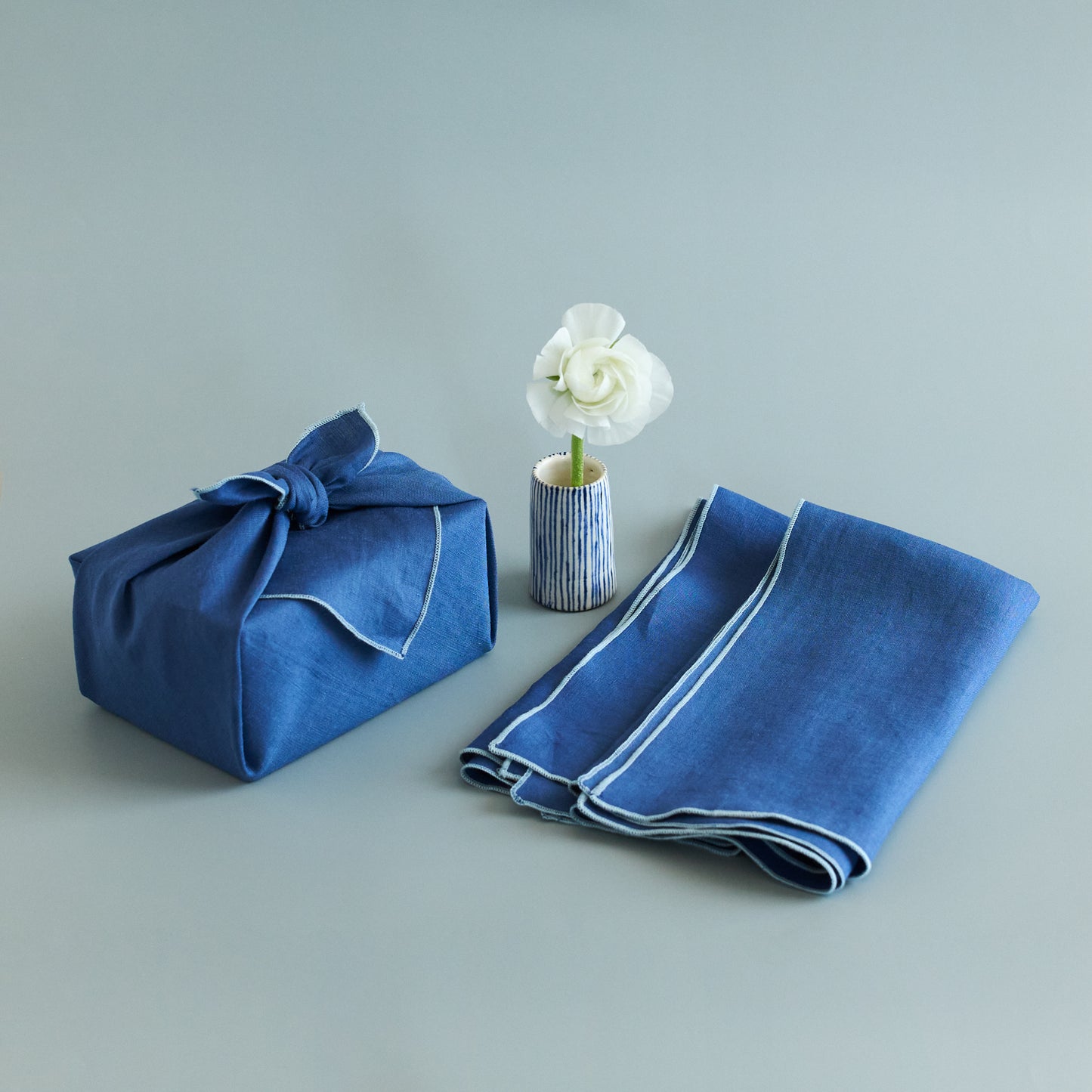 Sustainable Royal Blue Bojagi Linen Gift Wrap with Embroidery – Set of 2