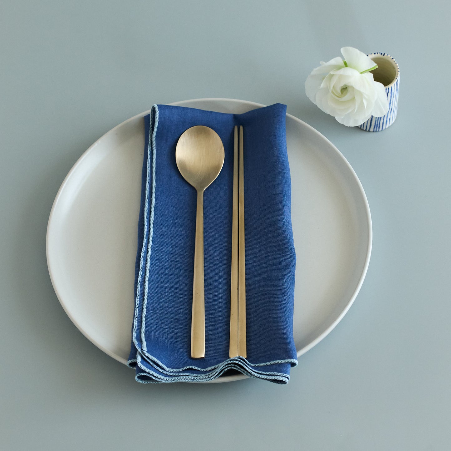 Sustainable Royal Blue Bojagi Linen Gift Wrap with Embroidery – Set of 2