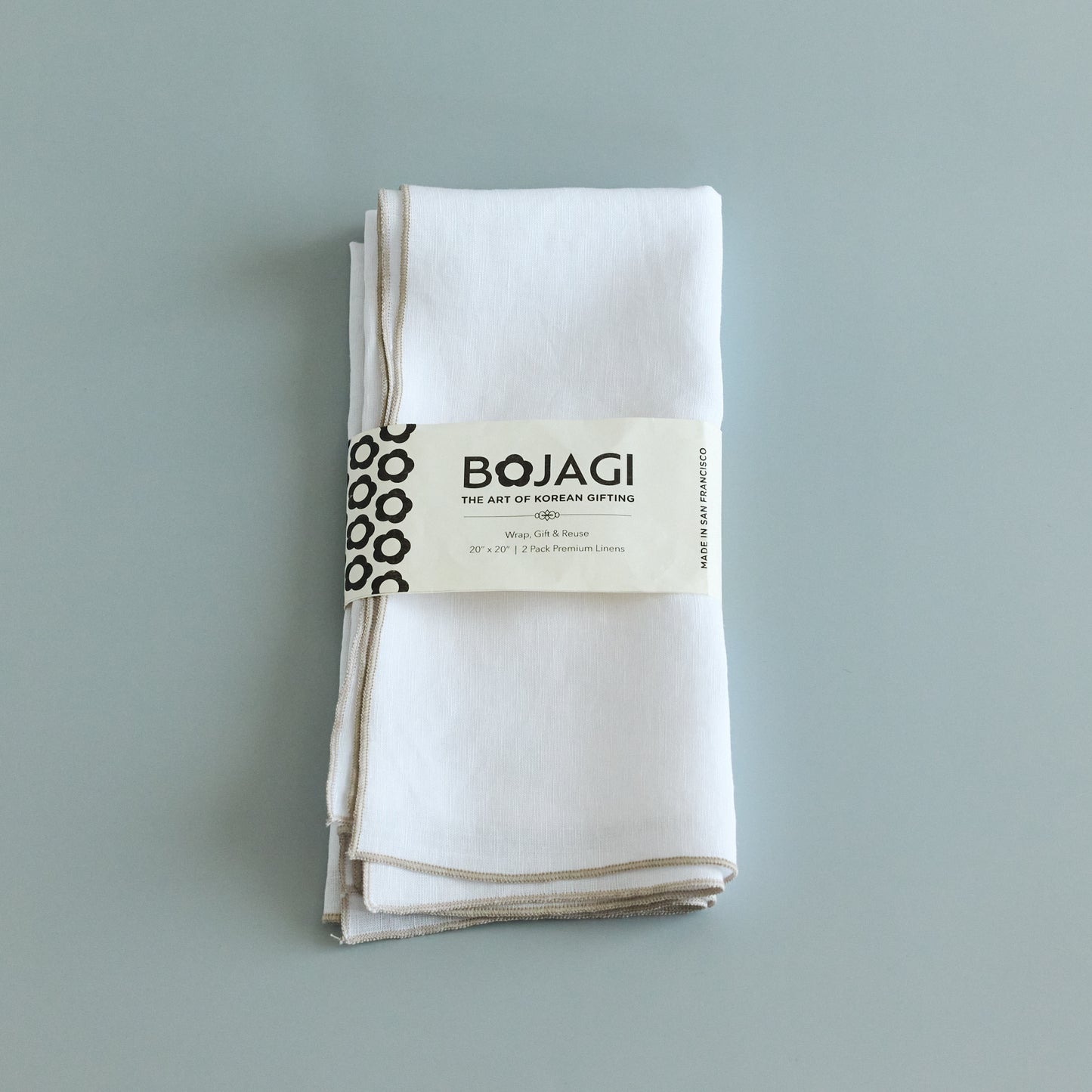 Sustainable White Bojagi Linen Gift Wrap with Embroidery – Set of 2