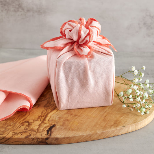 Peach Linen Bojagi Wrap with Embroidery Edge. 2 Pack.