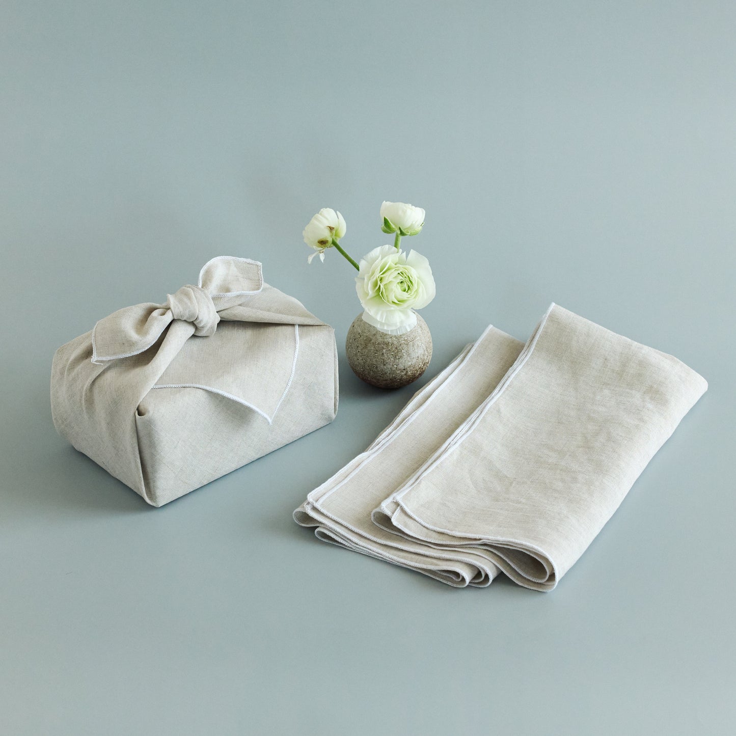 Sustainable Natural Bojagi Linen Gift Wrap with Embroidery – Set of 2
