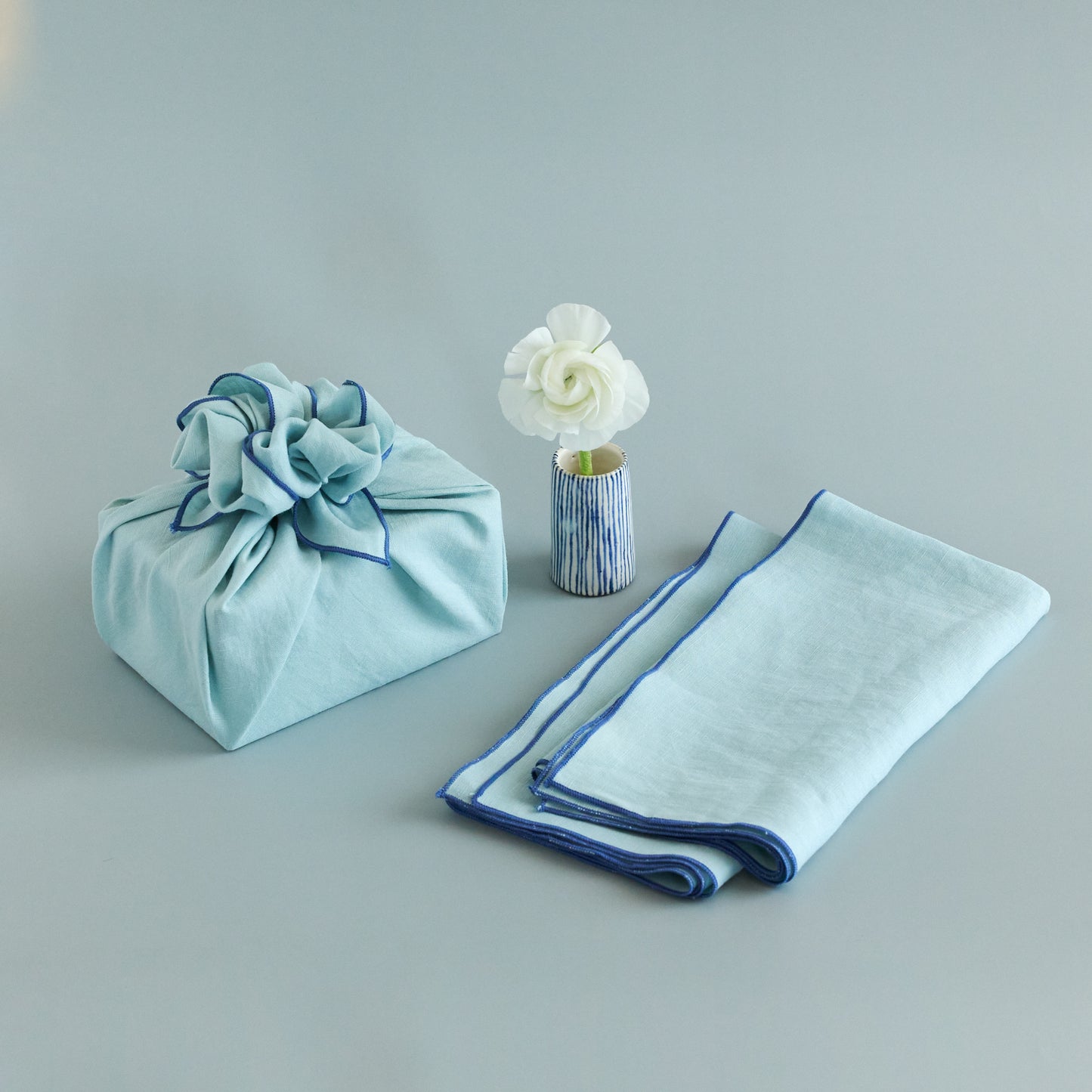 Sustainable Cerulean Blue Bojagi Linen Gift Wrap with Embroidery – Set of 2