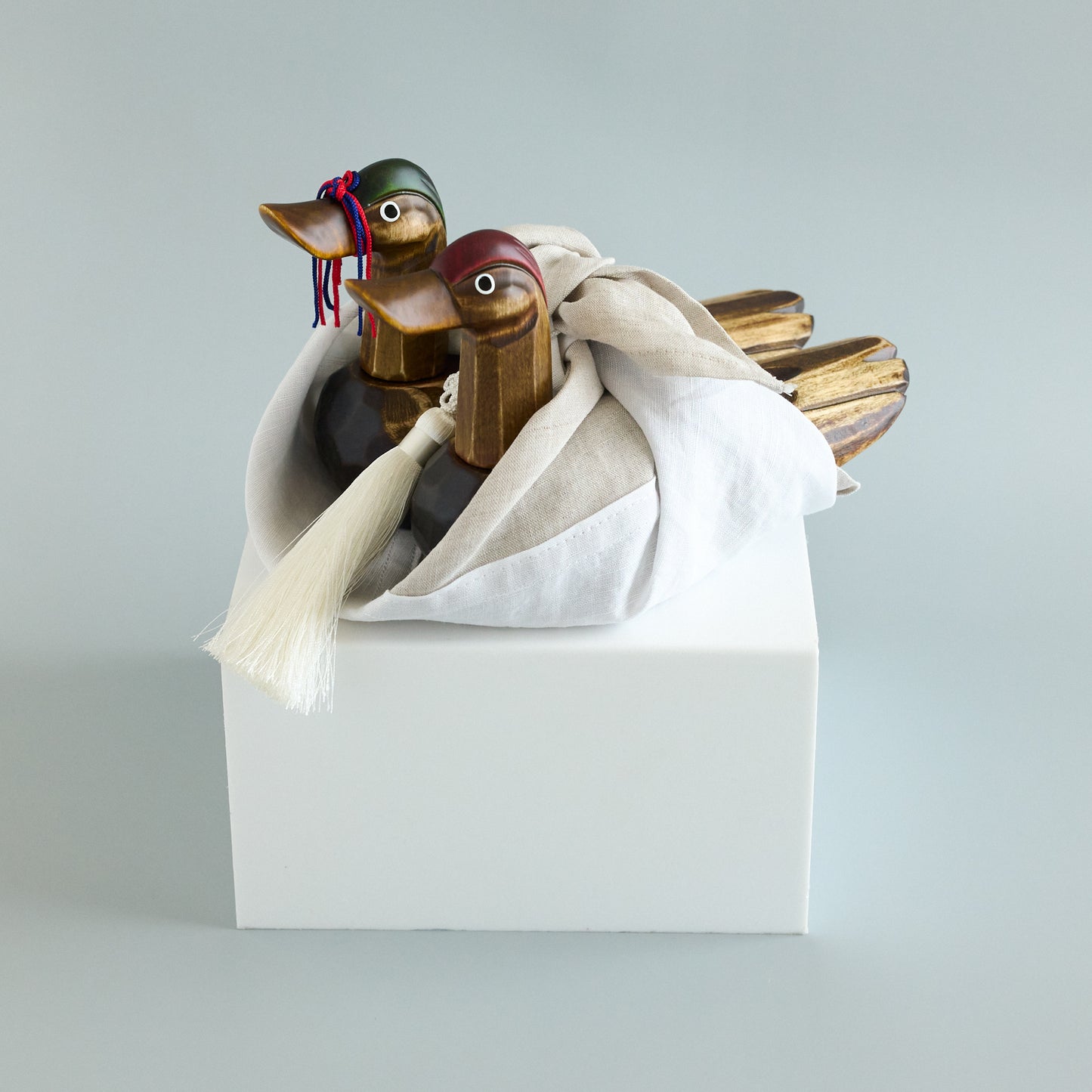 Korean Hand-Carved Wooden Wedding Duck Set Wrapped in Linen Bojagi