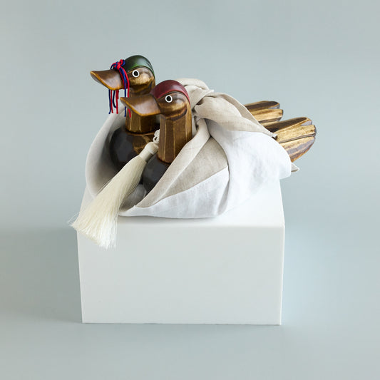 Korean Hand-Carved Wooden Wedding Duck Set Wrapped in Linen Bojagi