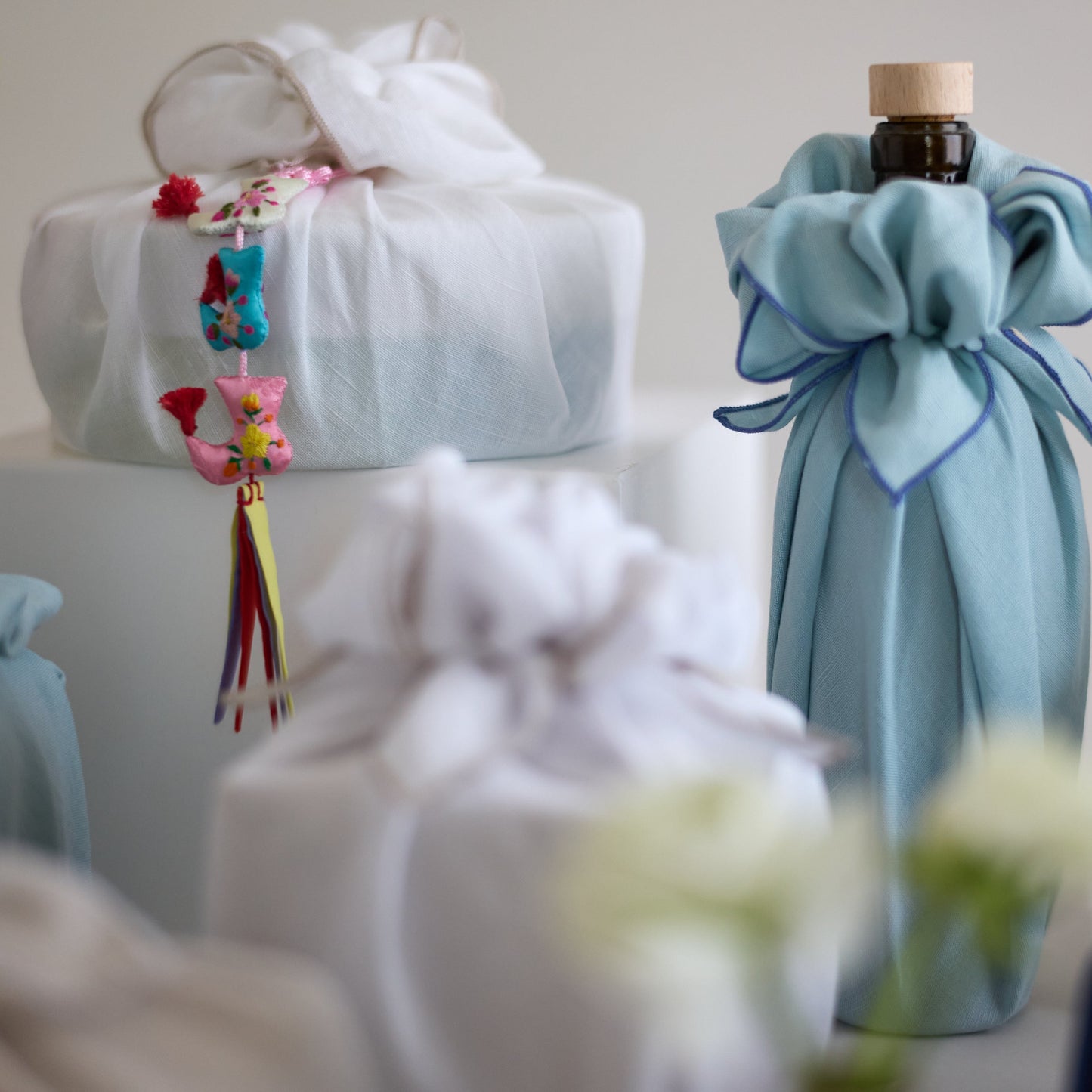 Sustainable White Bojagi Linen Gift Wrap with Embroidery – Set of 2