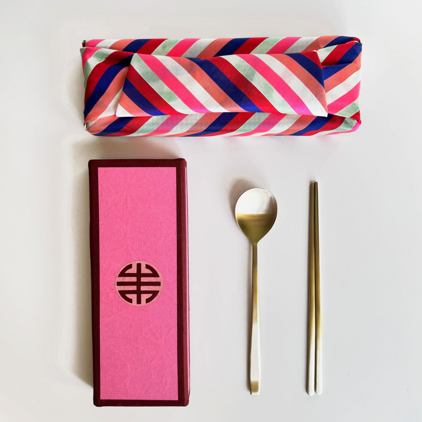 Bangjja Brass Spoon & Chopstick Wrapped in Seakdong Rainbow Bojagi