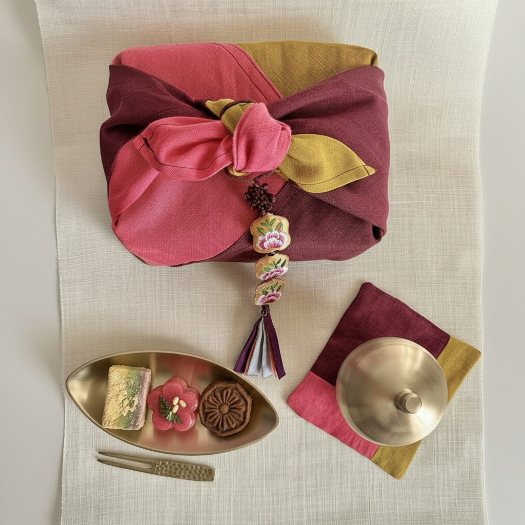 Decorative Korean wrapping with a pink and gold color scheme on a textured surface.