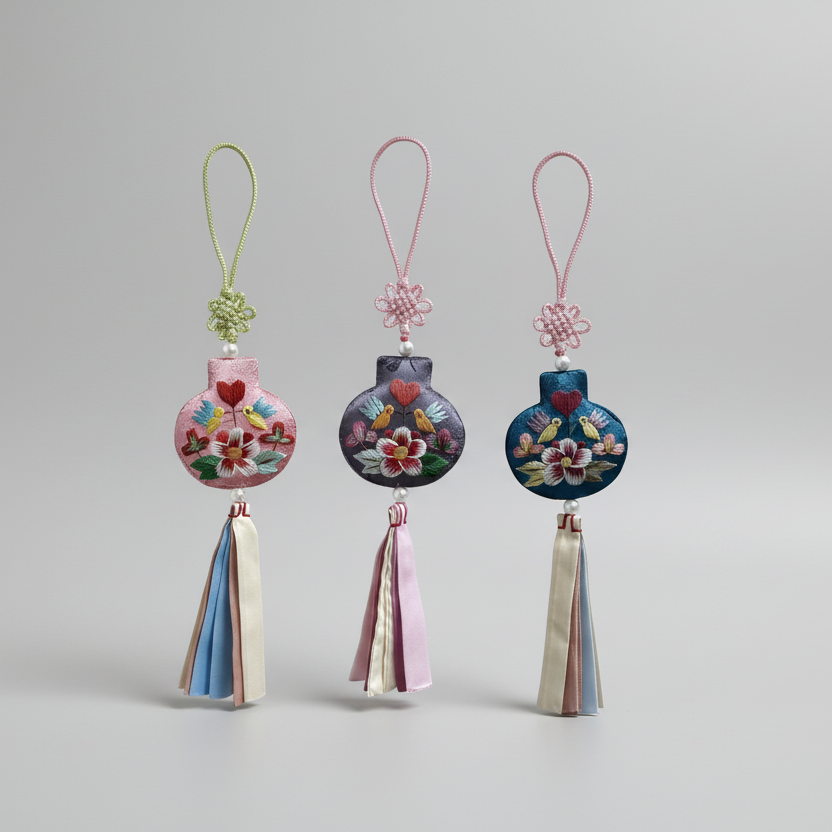 Three decorative phone charms with floral designs and tassels on a white background