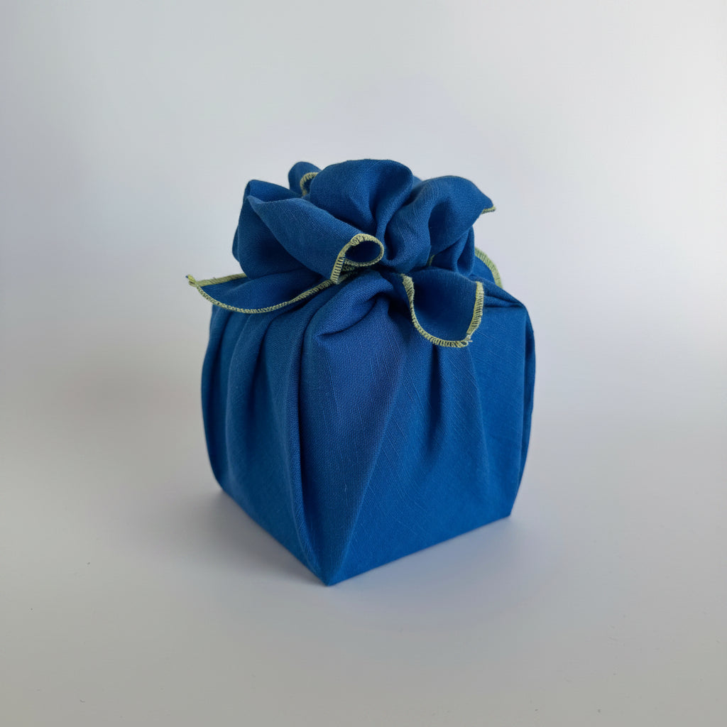 Sapphire Solid Linen Bojagi Wrap with Embroidery Edge. 2pk