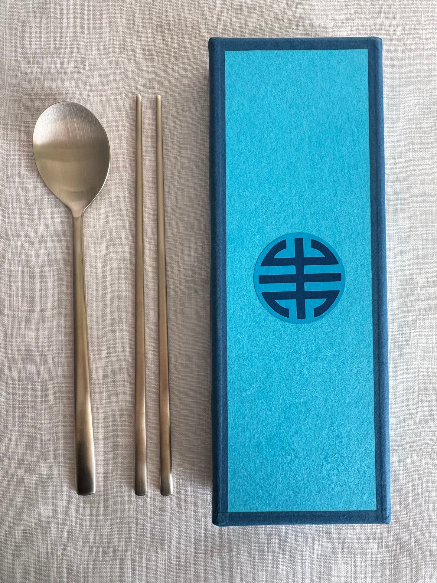 Royal Korean Bangjja Brass Spoon & Chopstick Wrapped in Seakdong Rainbow Bojagi