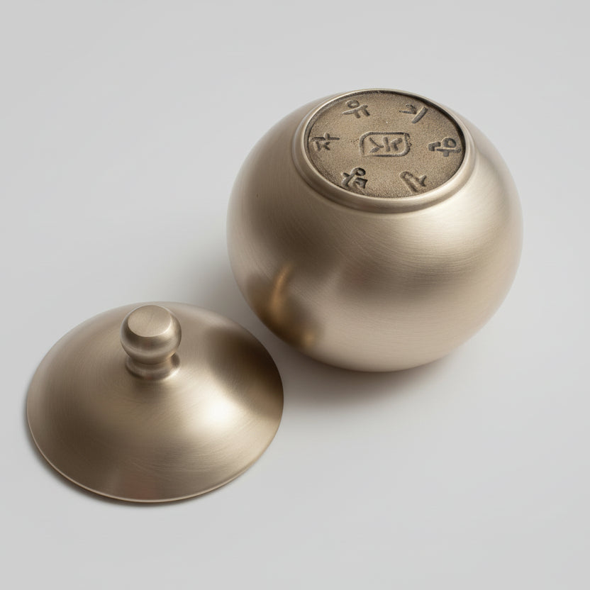 Two metallic objects with engravings on a textured gray background