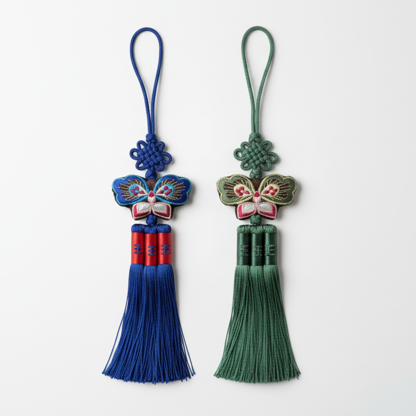 Two decorative tassels, one blue and one green, on a white background.