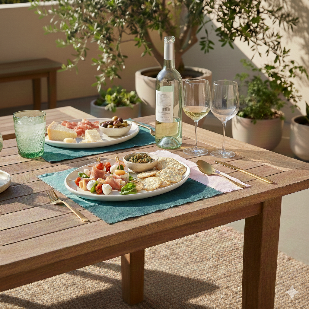 Outdoor table setting with appetizers, wine, and glasses on a sunny day.