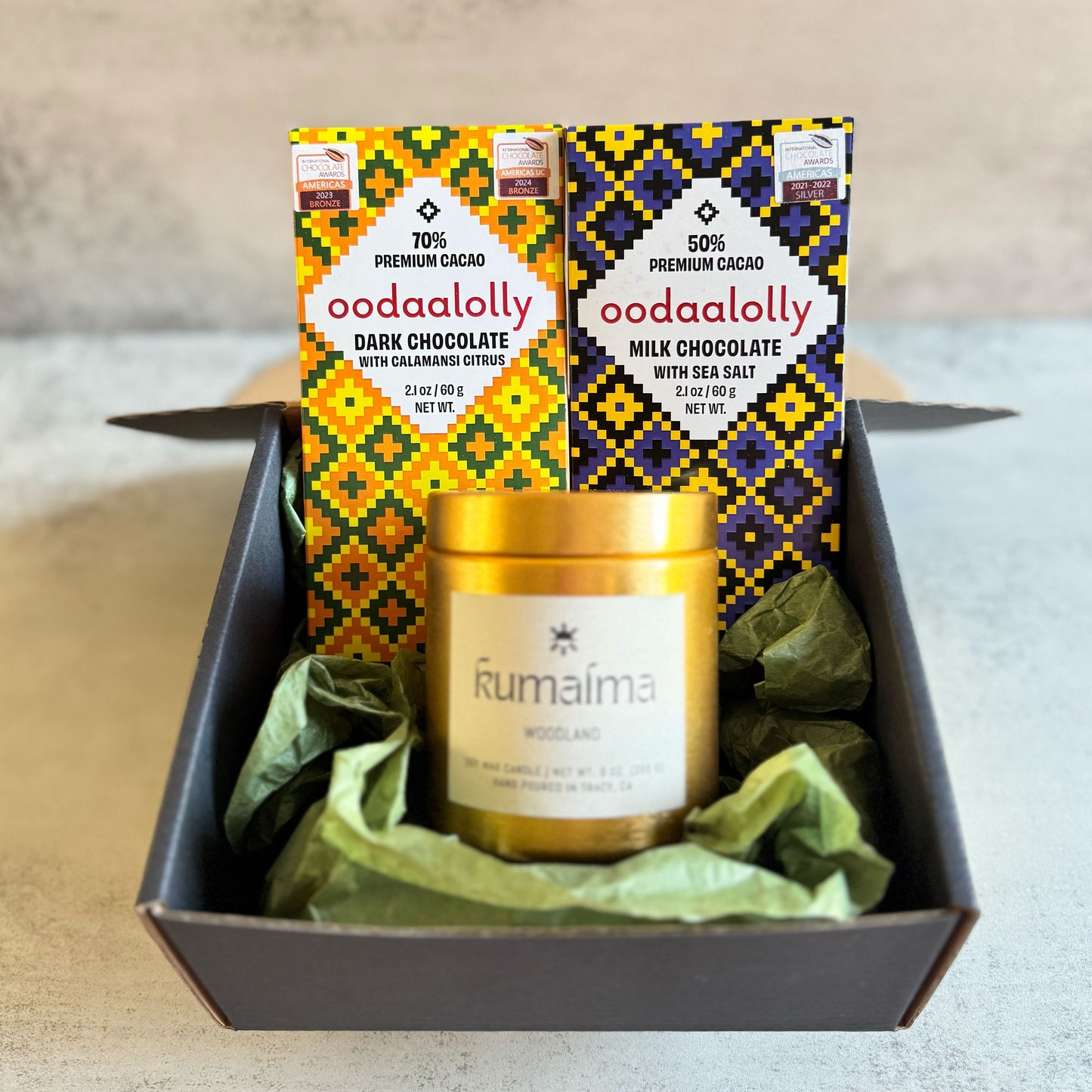 Valentines Day Artisan BOJAGI Gift Box. Bay Area Made Premium Chocolate & Candle Set.