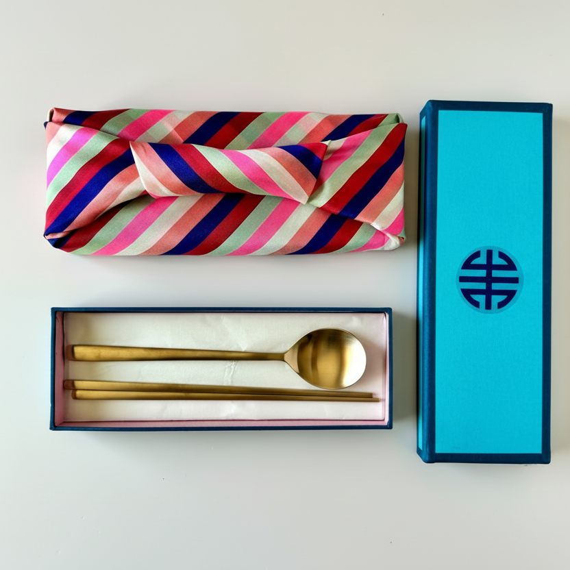 Brass spoon and chopsticks set in a striped box with a blue lid featuring a logo.