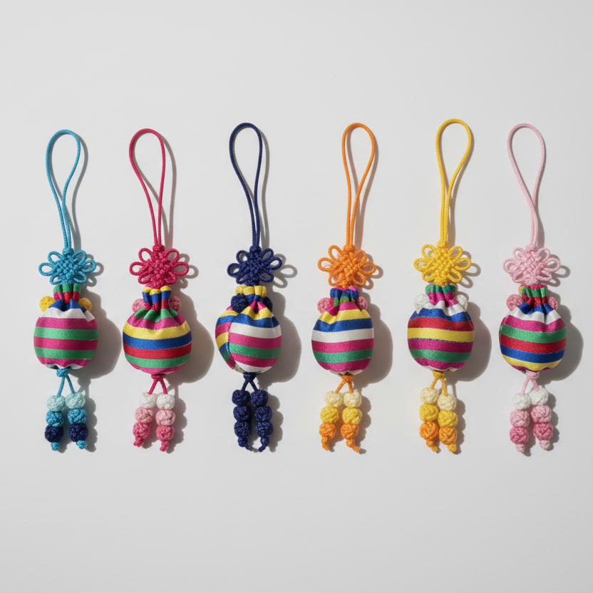 Set of colorful keychains with beads on a white background