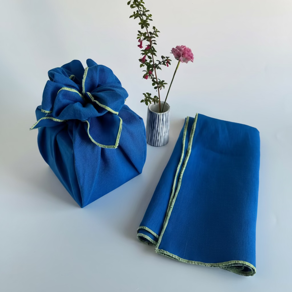 Sapphire Solid Linen Bojagi Wrap with Embroidery Edge