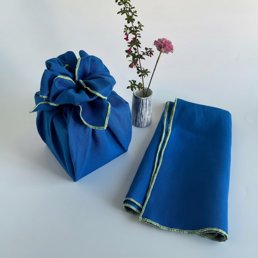 Sapphire Solid Linen Bojagi Wrap with Embroidery Edge. 2pk