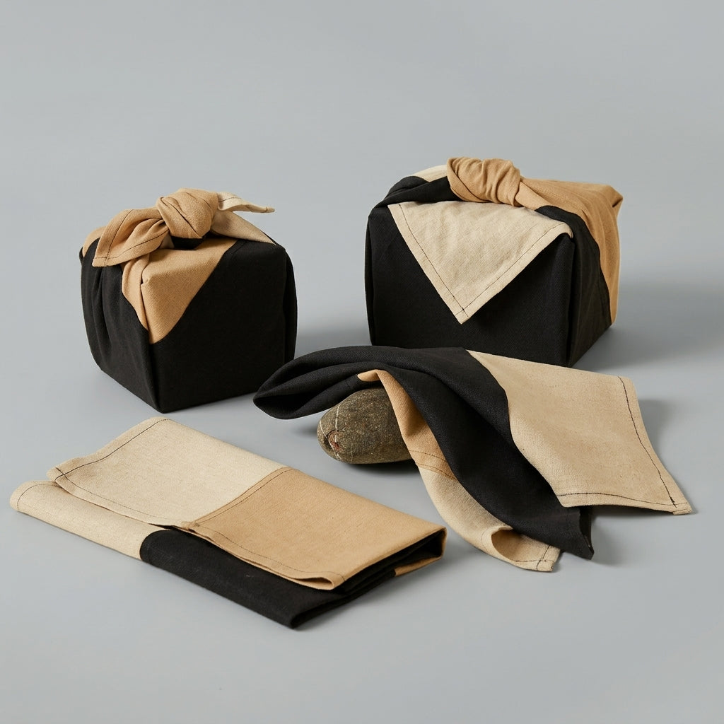 Volcanic Black. Patchwork bojagi linen wrap - Medium. Set of 2