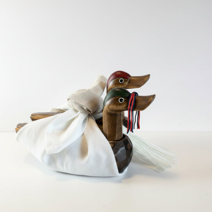 Korean Hand-Carved Wooden Wedding Duck Set Wrapped in Linen Bojagi
